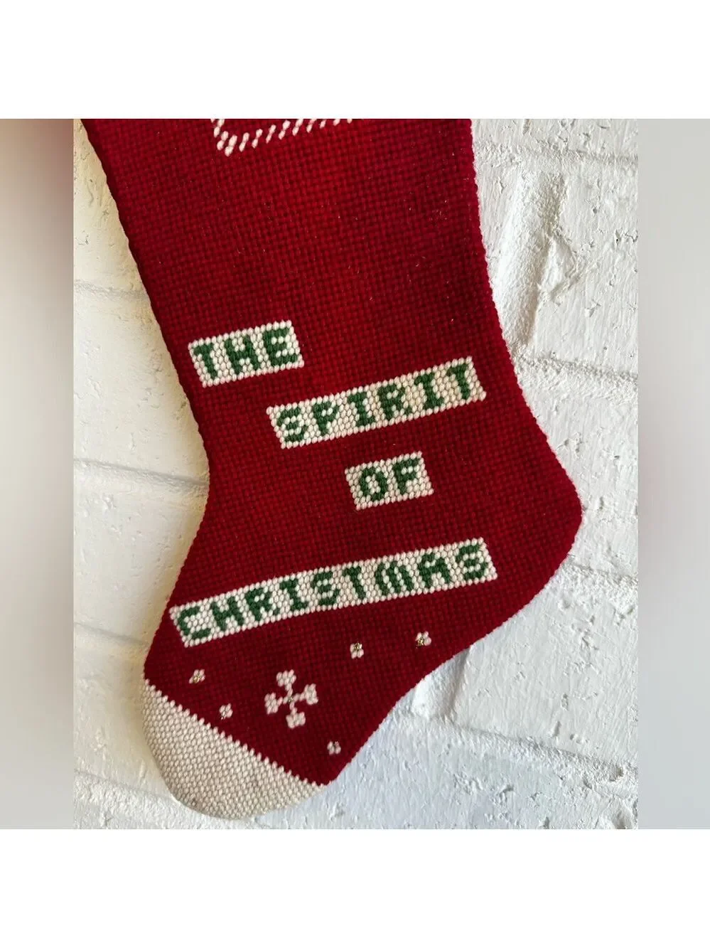The Spirit of Christmas Red Joy Stocking for Kathy.  Cross Stitched Design Vtg